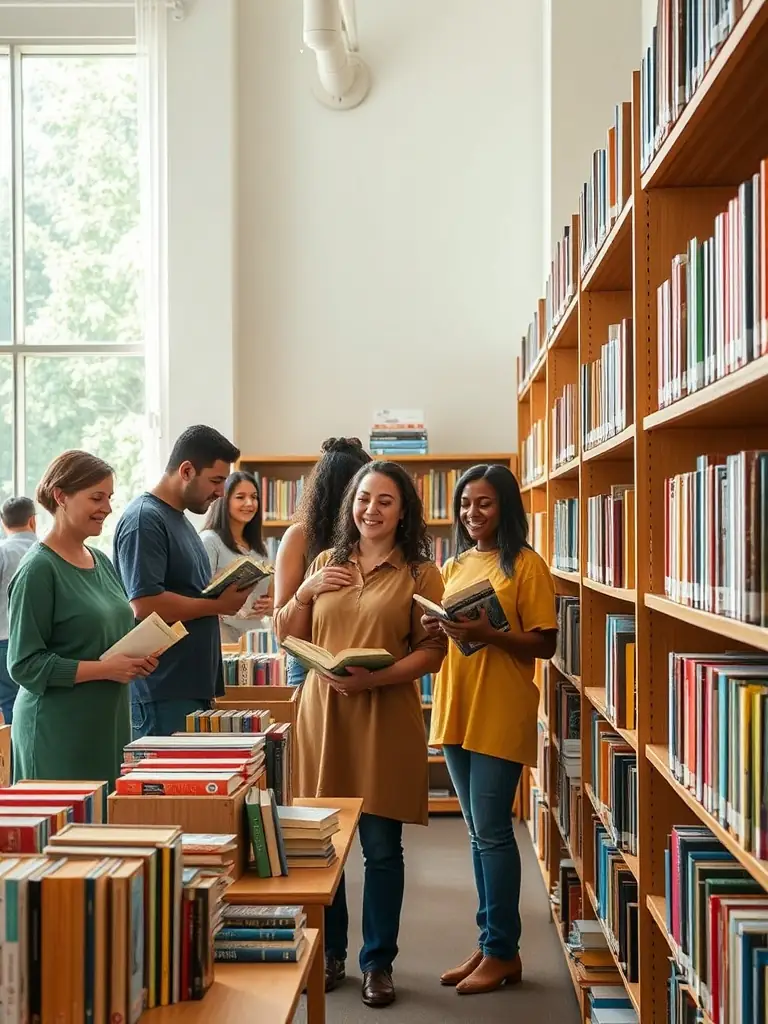 A group of volunteers organizing books and resources at LE PAVE, showcasing the collaborative spirit of the organization.