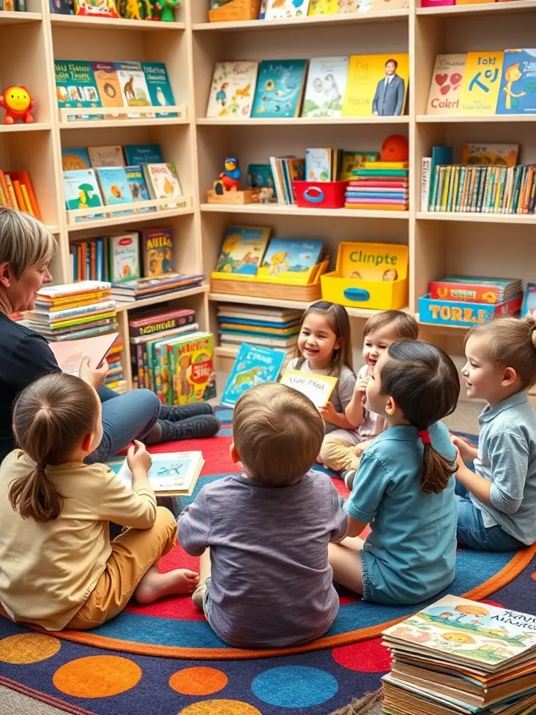 A photo of children participating in a storytelling session at LE PAVE, surrounded by colorful books and engaging activities.