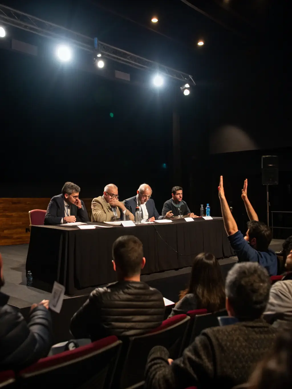 A photo of a panel discussion organized by LE PAVE, featuring diverse speakers and engaged audience members discussing societal issues.