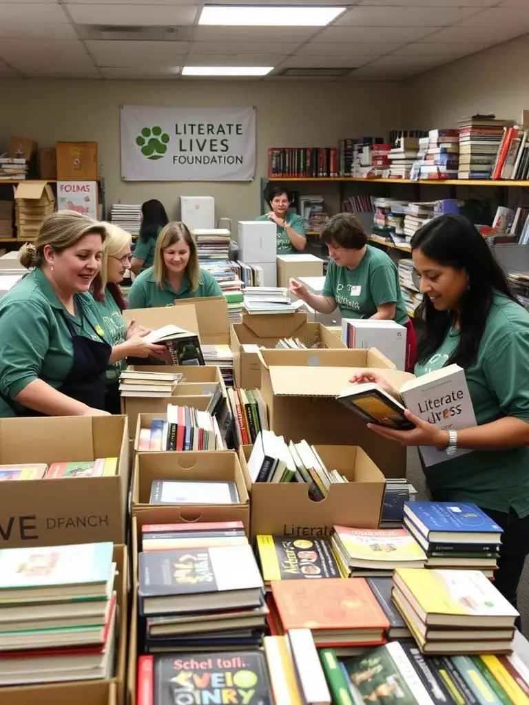 A photo of volunteers sorting and organizing books in the LE PAVE library, highlighting the collaborative effort behind the program.