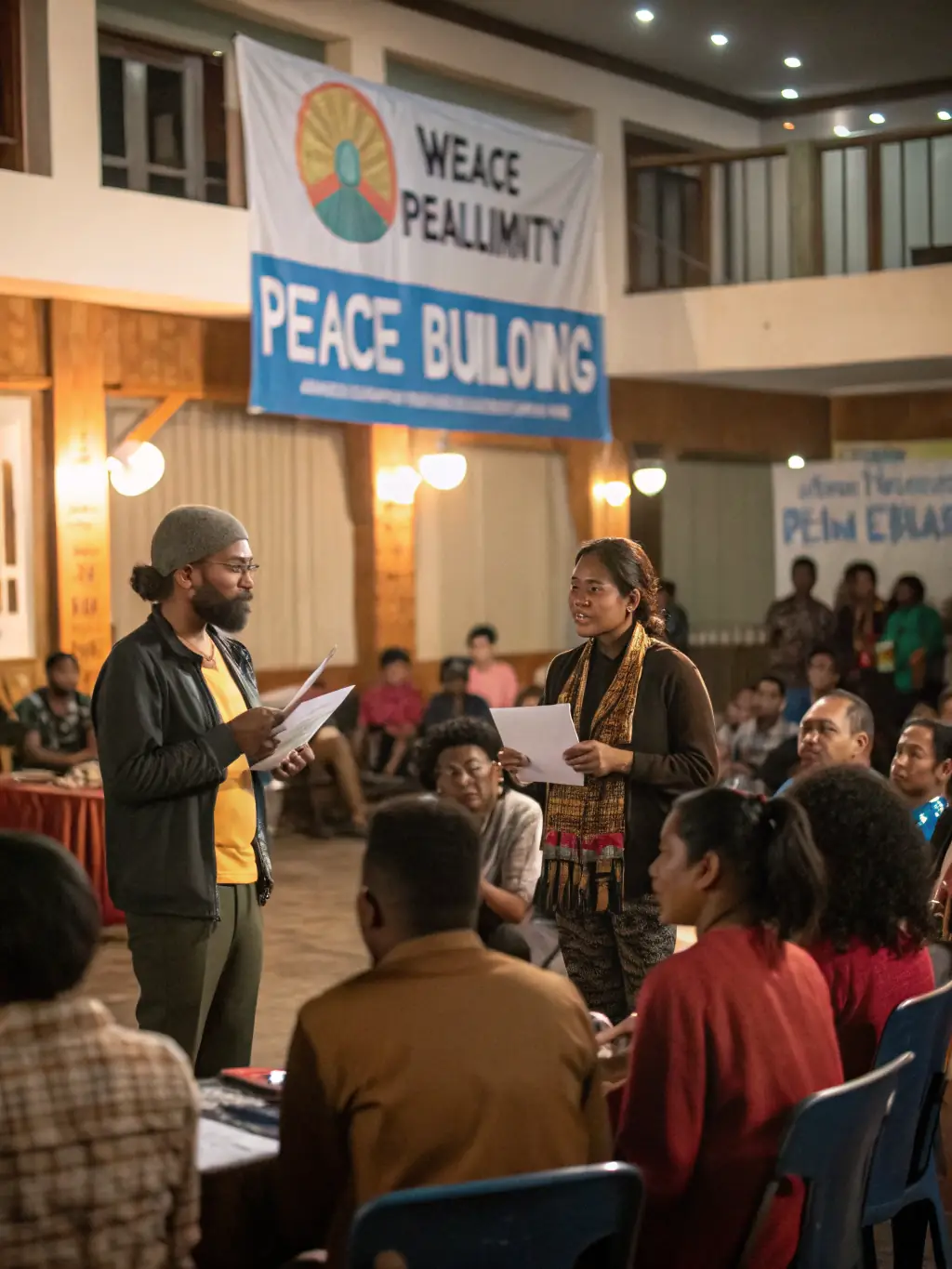 A vibrant image of a LE PAVE panel discussion, featuring community members engaged in a thoughtful conversation on a societal issue.