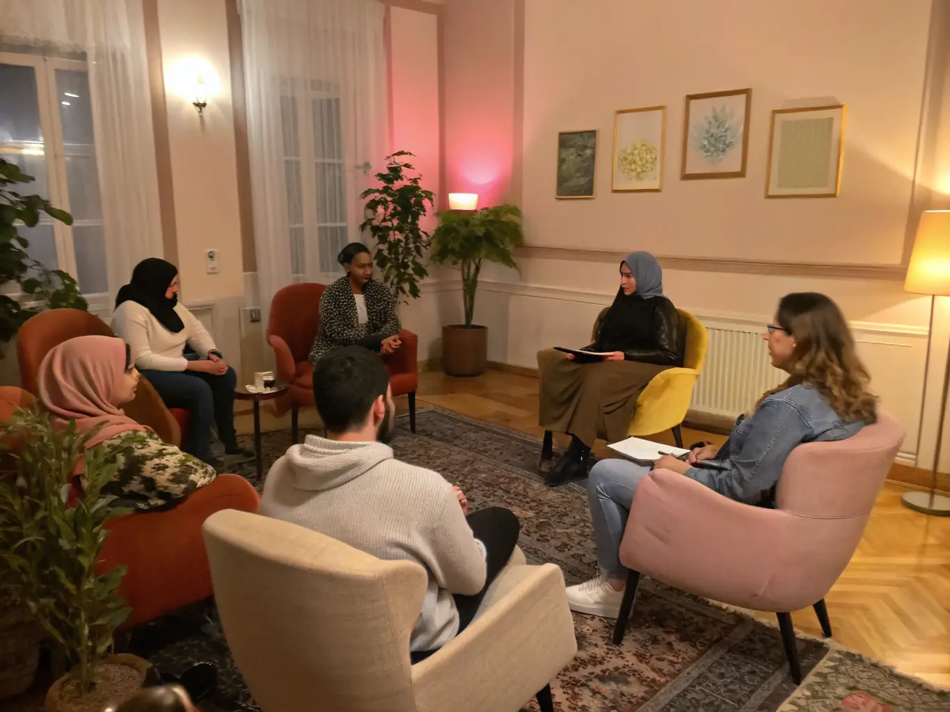 A photograph of a lively discussion group at LE PAVE, with participants actively engaged in conversation, reflecting the organization's focus on fostering dialogue.
