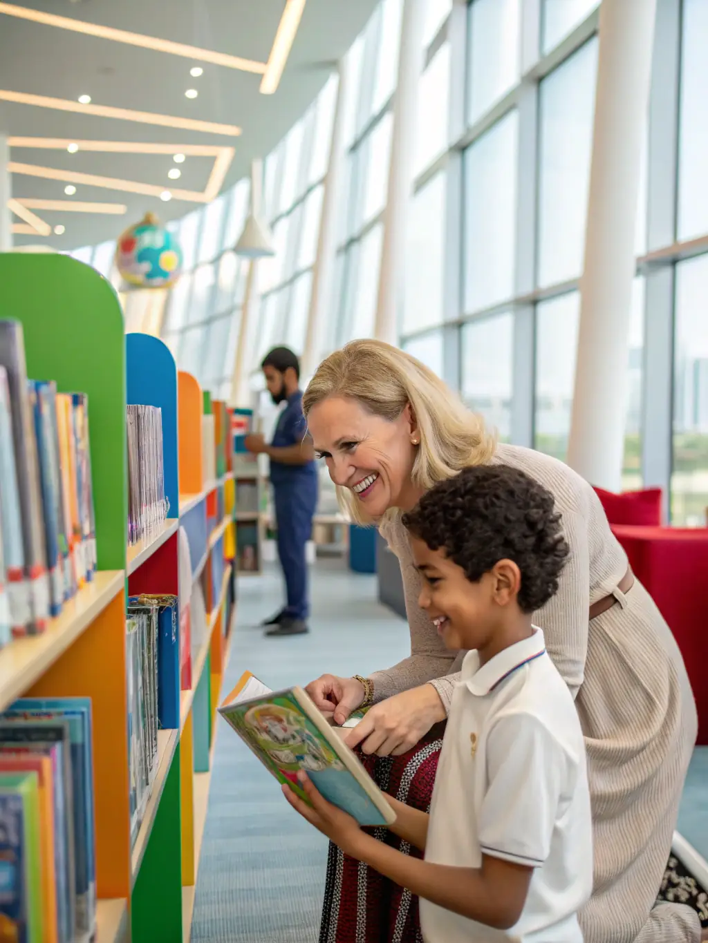Image of children happily selecting books from a well-stocked shelf in LE PAVE's community library, emphasizing the organization's focus on youth literacy.
