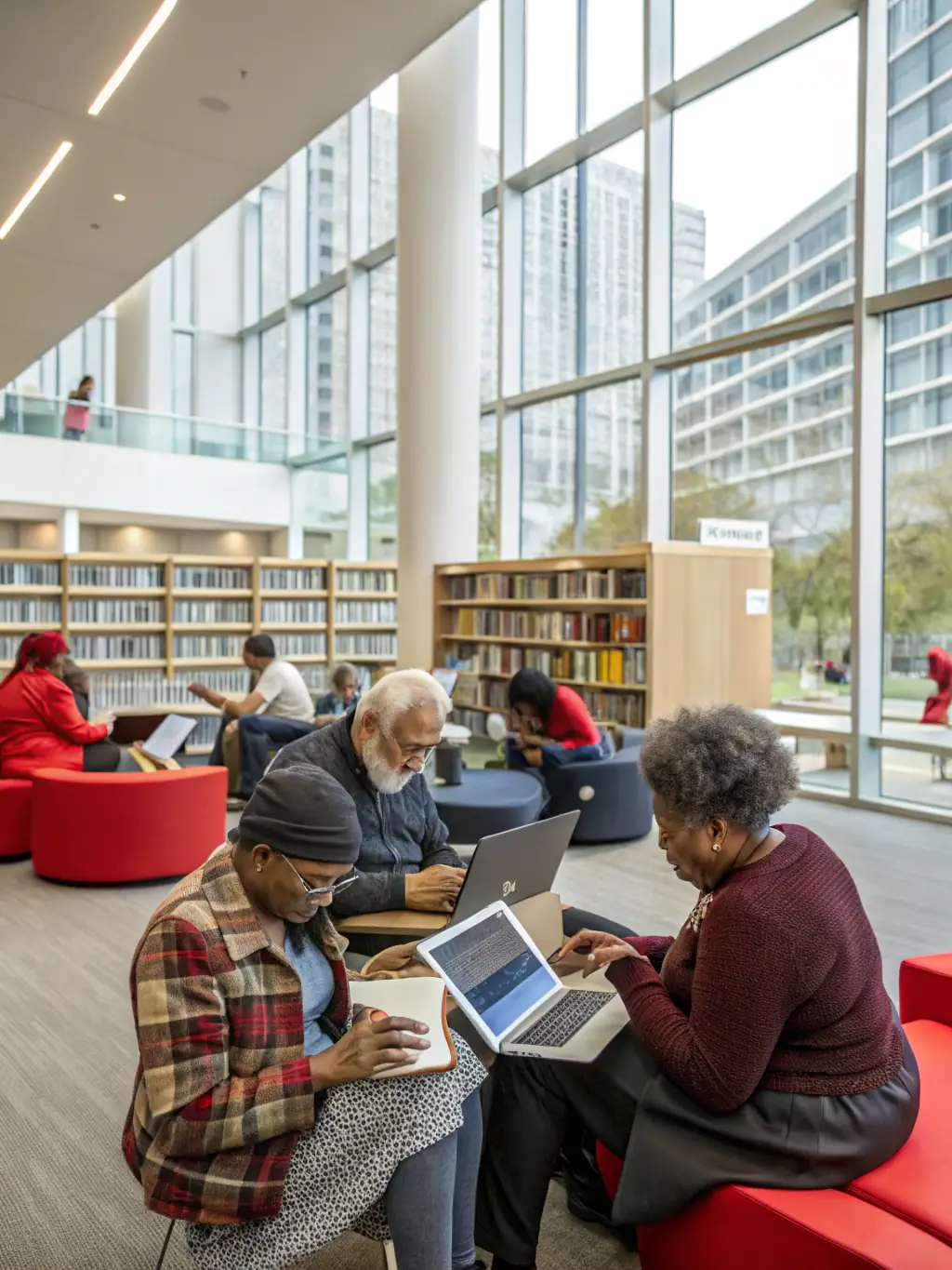 A photograph of the LE PAVE community library, showcasing diverse individuals reading and interacting with books and digital resources.