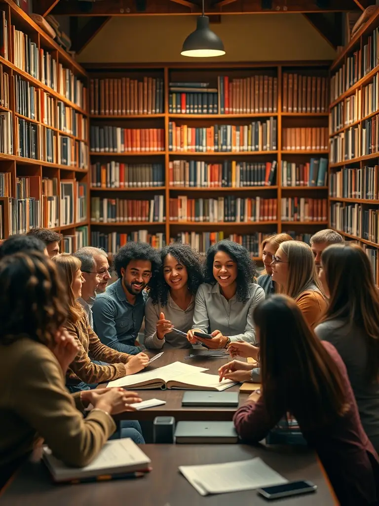 A diverse group of people reading and interacting in a vibrant community library setting, showcasing LE PAVE's commitment to literacy and community engagement.