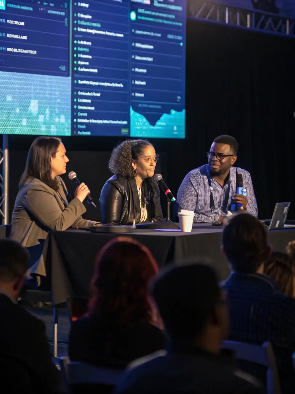 A vibrant image of a panel discussion organized by LE PAVE, featuring diverse speakers and engaged audience members discussing societal issues.