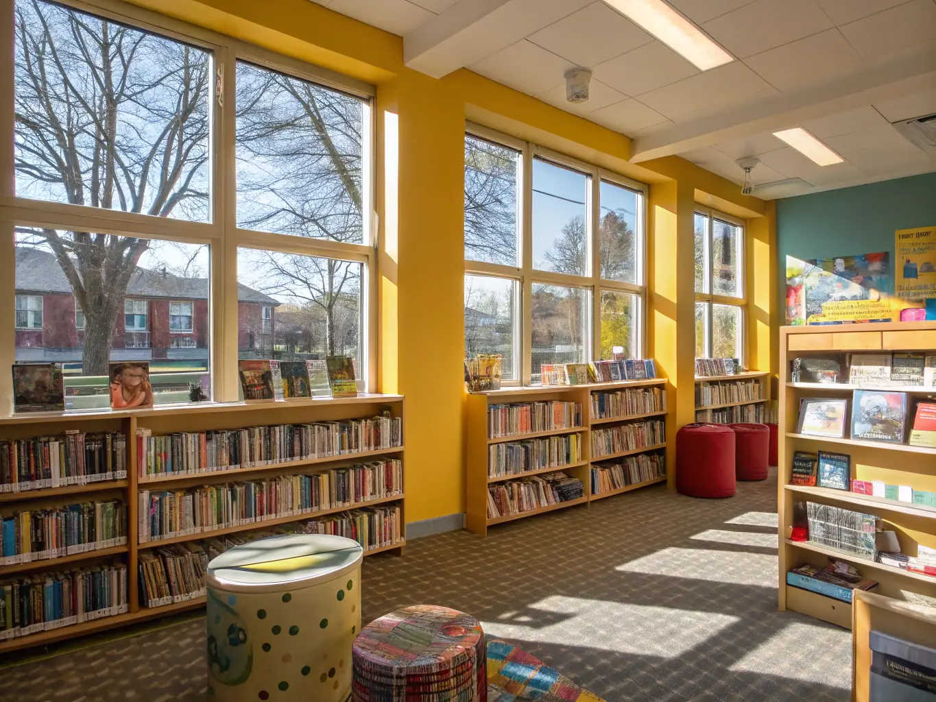 A photograph of a diverse group of people browsing books in a cozy, well-lit community library setting, showcasing LE PAVE's commitment to providing access to knowledge.